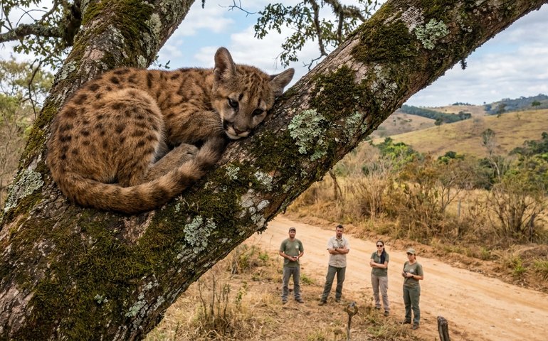 Filhote de onça-parda é encontrado 'descansando' em árvore no interior de SP