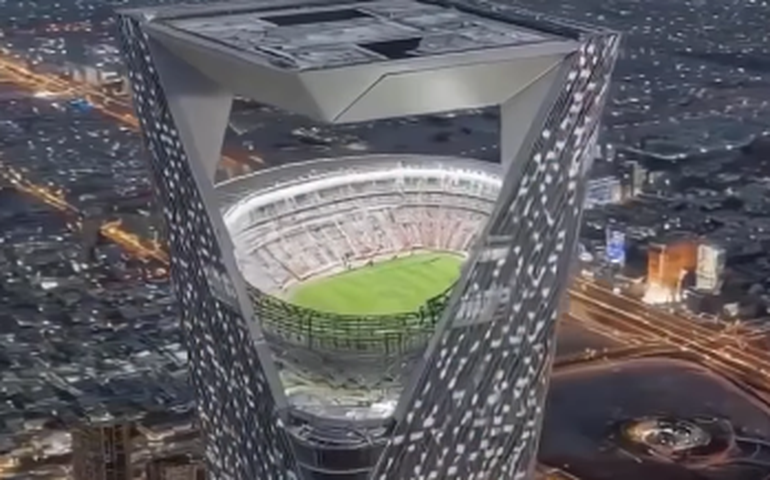 Arábia Saudita apresenta estádio futurista no topo de arranha-céu