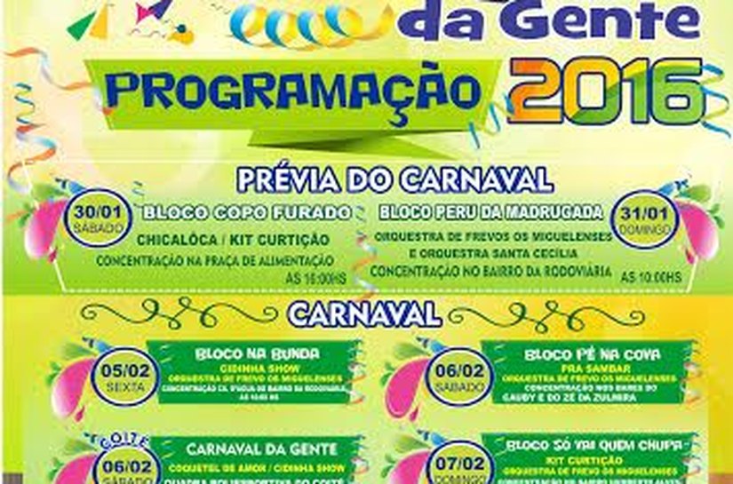 Prefeitura de São Miguel dos Campos divulga programação do Carnaval da Gente 2016