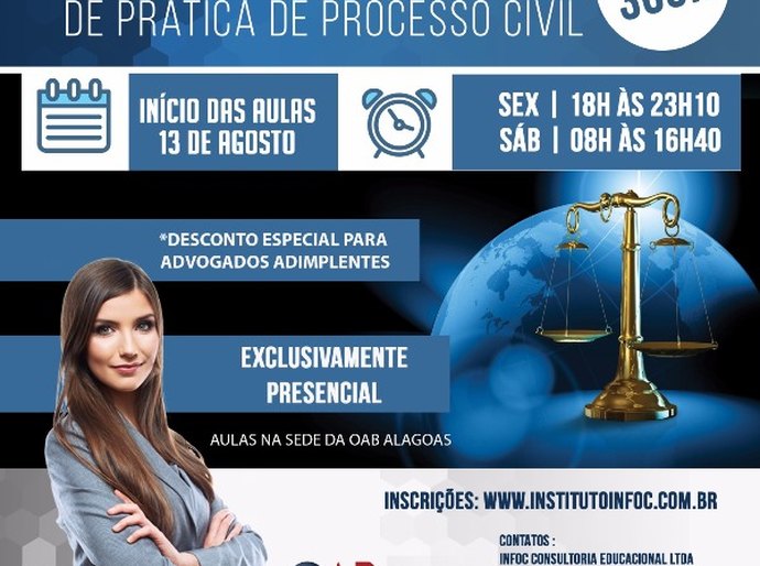 OAB/AL oferece novo curso de Pós-Graduação em Prática de Processo Civil