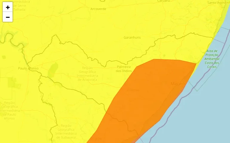 Inmet emite alerta de perigo para chuvas intensas em Alagoas nas próximas 24 horas