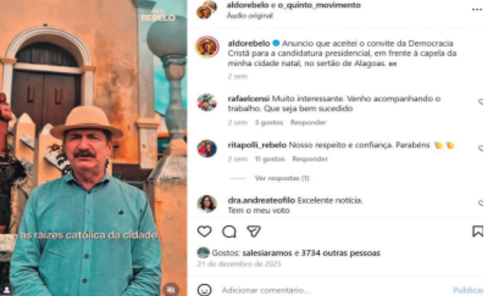 Rebelo usou seu perfil no Instagram para anunciar a candidatura