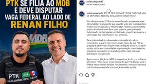 PTK se filiou ao MDB de Renan Filho - Foto: Reprodução/Instagram