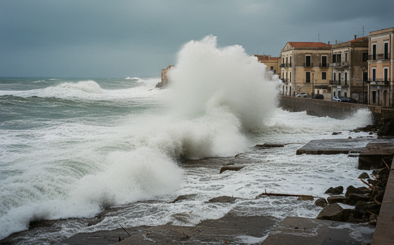 Forte ressaca atinge Roccalumera, na Sicília, Itália