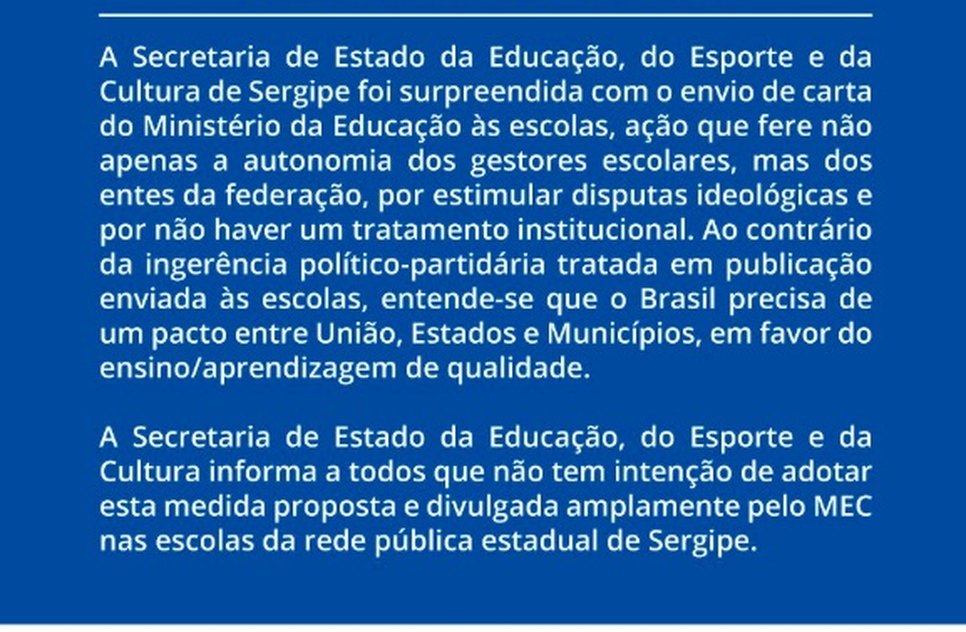 NOTA DA SEDUC / Foto: SEDUC