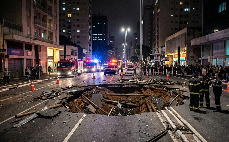 Explosão subterrânea provoca abertura de cratera na Rua da Consolação, em São Paulo