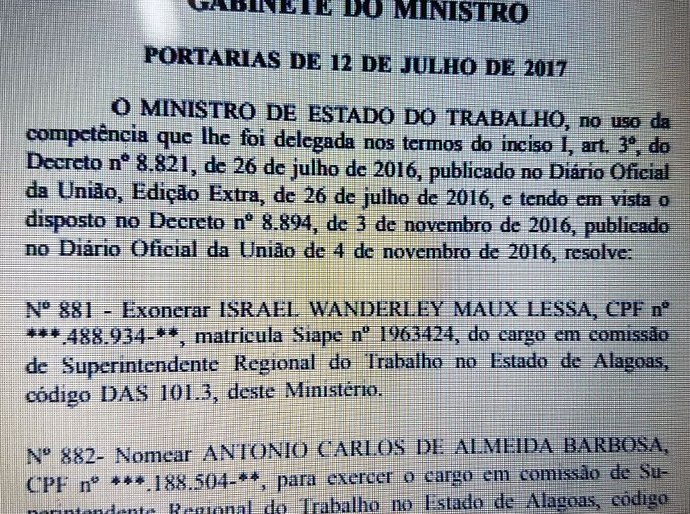 Aliado de Lessa é exonerado da superintendência do Trabalho em AL