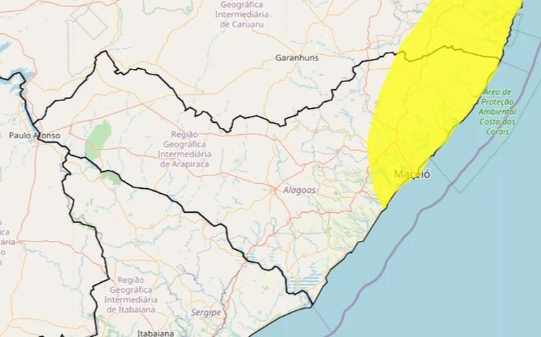 Inmet alerta para chuvas em Maceió e mais 33 cidades de Alagoas