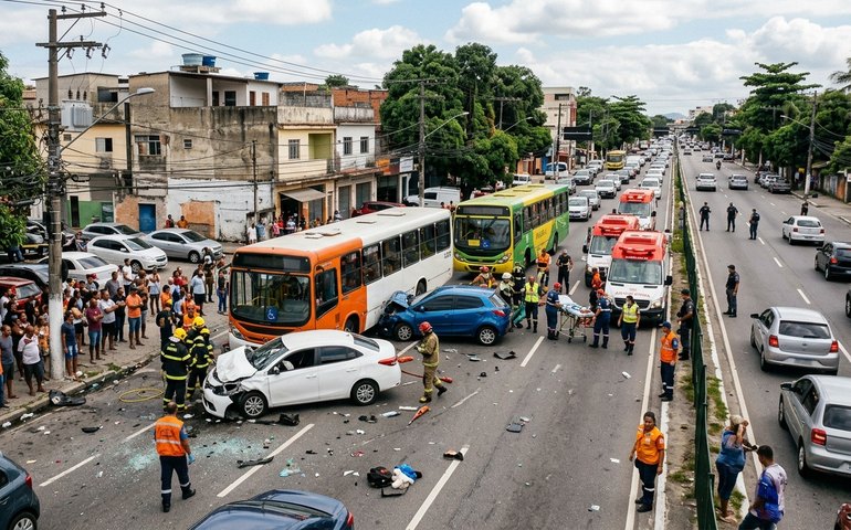 Acidente entre dois carros e dois ônibus deixa 15 feridos em São Gonçalo