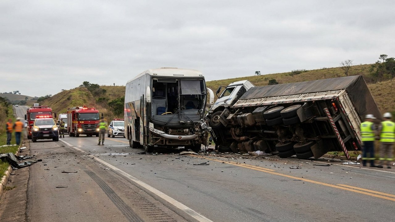 Colisão entre ônibus e caminhão deixa seis mortos e mais de 40 feridos em Minas Gerais