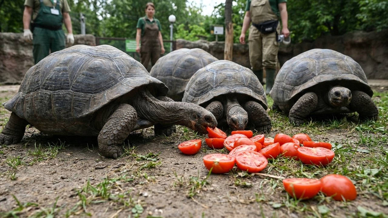 Tartarugas do Zoo de Moscou percorrem qualquer distância por tomates