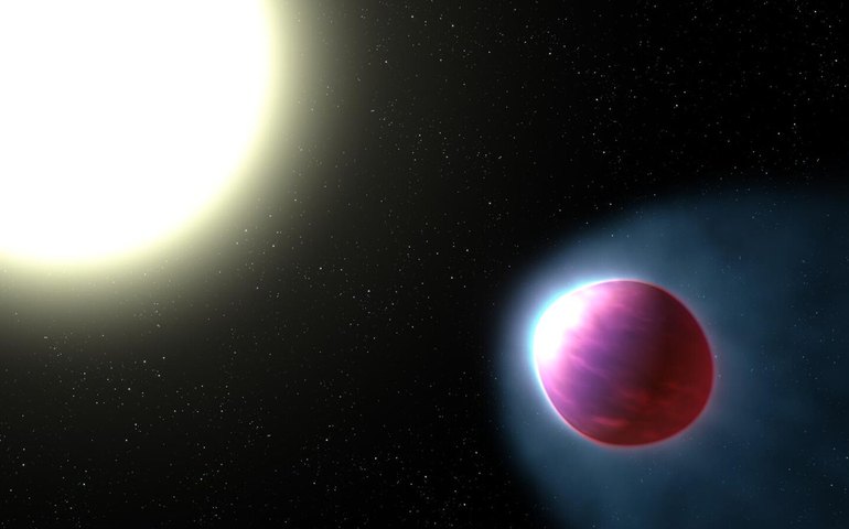 JWST flagra exoplaneta com duas caudas colossais de hélio