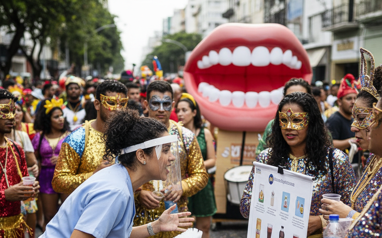 Dentista orienta foliões sobre cuidados com a saúde bucal durante o carnaval