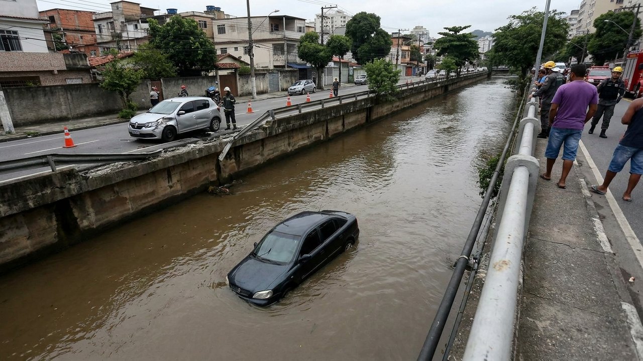 Carro cai no Rio Maracanã após colisão entre dois veículos na Tijuca, Zona Norte do Rio