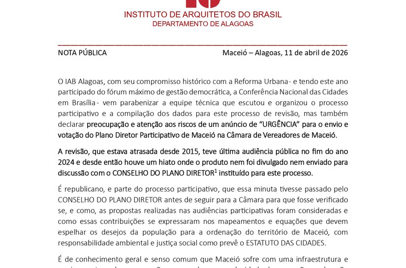 IAB divulga nota sobre Plano Diretor de Maceió