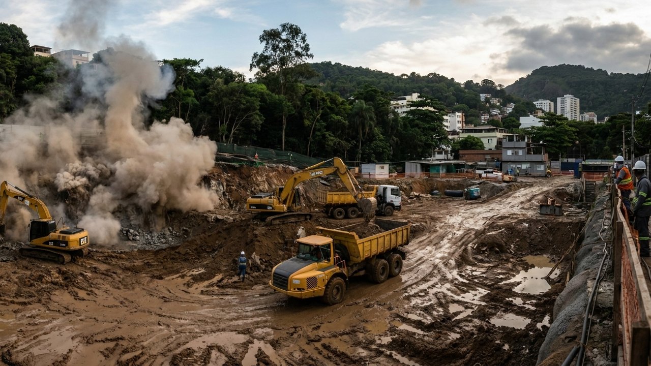 Explosões diárias, muita lama e máquinas a todo vapor: saiba como estão as obras do metrô da Gávea; vídeo