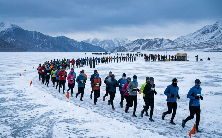 Maratona em lago congelado reúne mais de 450 participantes na Índia