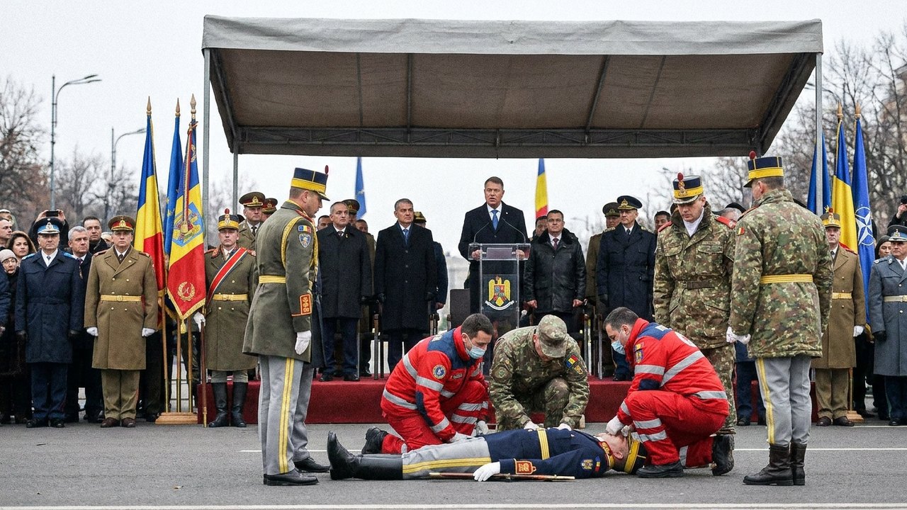 Soldado da guarda de honra desmaia durante discurso do comandante-chefe da Romênia