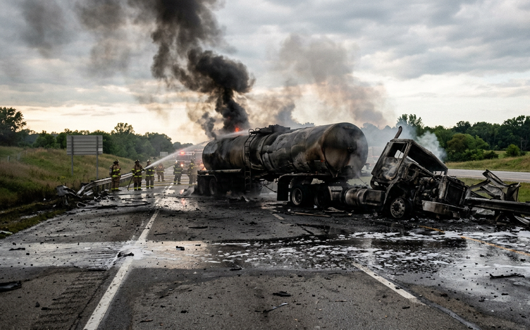 Explosão de caminhão-tanque provoca incêndio de grandes proporções em rodovia de Kentucky