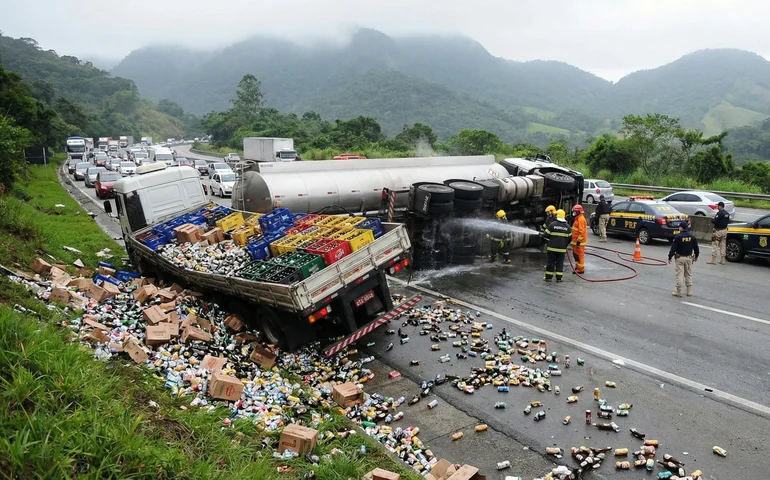 Tombamento de carreta e colisão interditam Via Dutra no sentido Rio