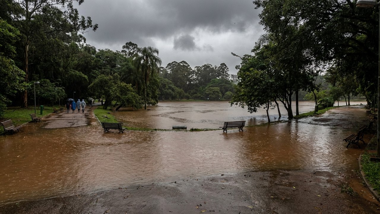 Lago do Parque Ibirapuera transborda após forte chuva em SP