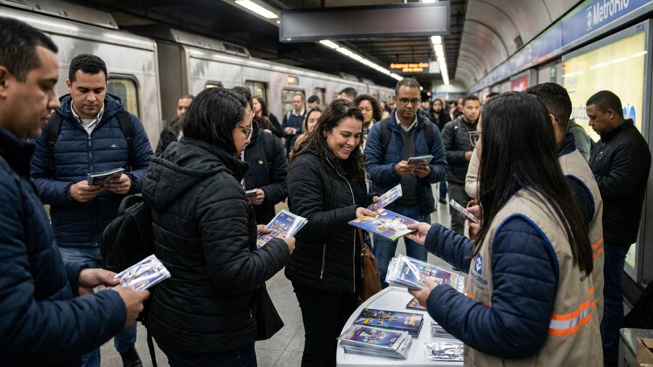Passageiros ganham álbuns e figurinhas da Copa em ação no MetrôRio