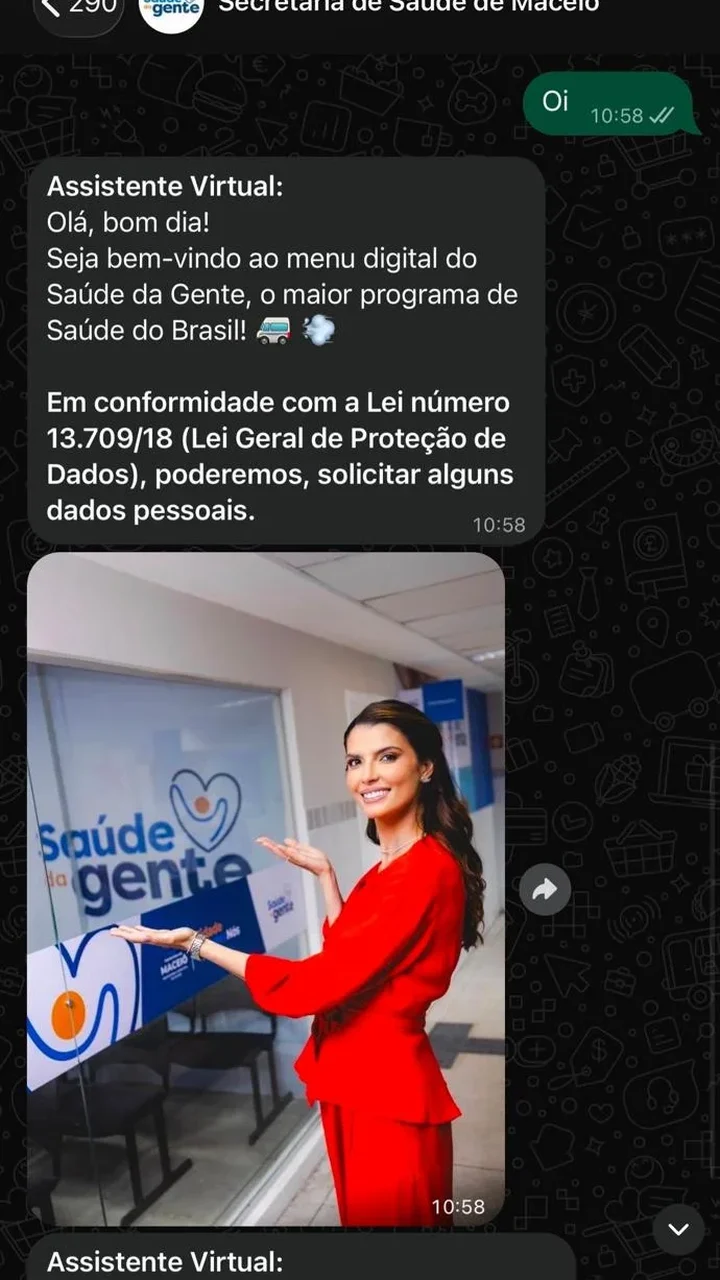 Saúde pública ou campanha? WhatsApp do Saúde da Gente exibe imagem de Marina JHC