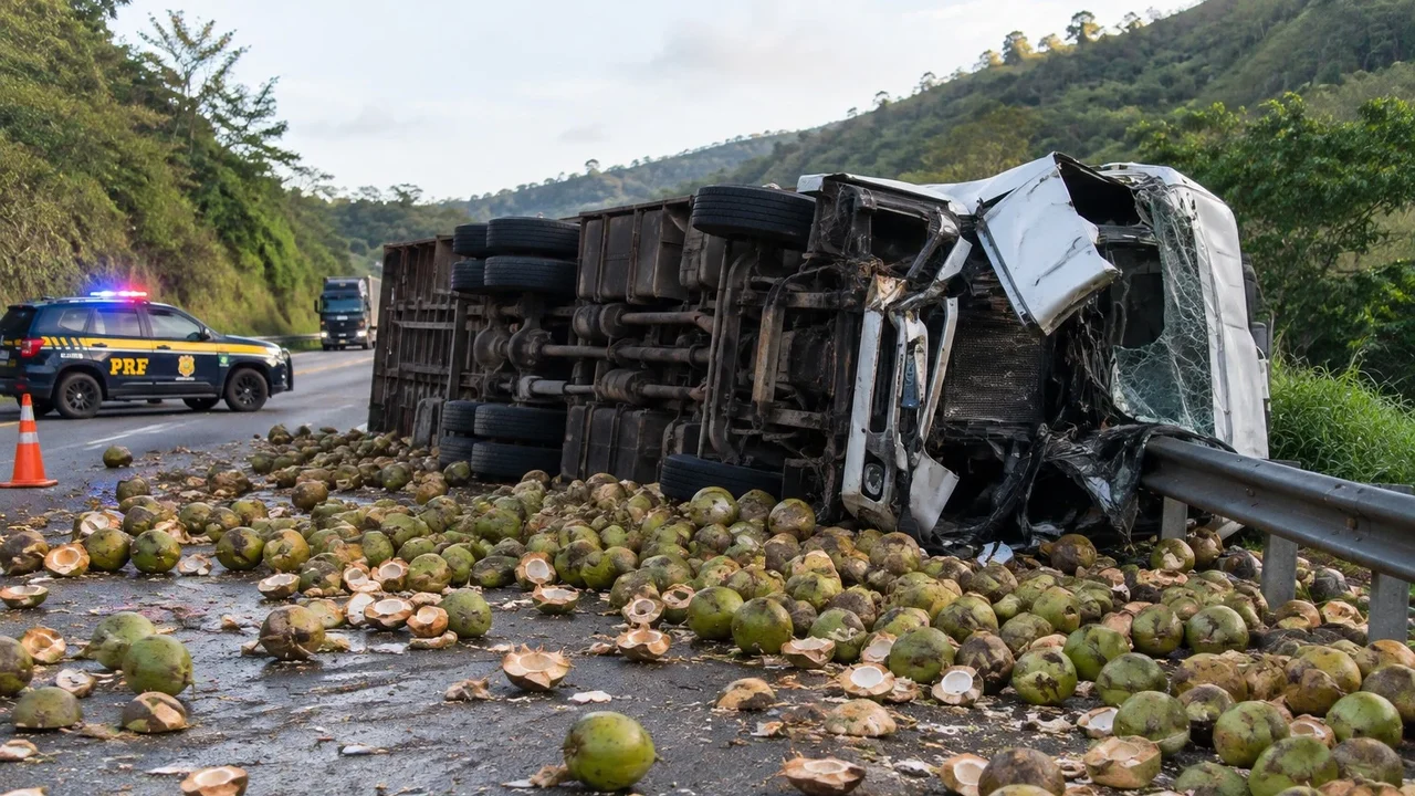 Acidente com caminhão mata motorista e carga de coco é saqueada na BR-101 em Alagoas