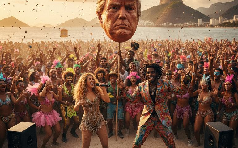 Um Glorioso Mergulho à Fantasia com Shakira, Bad Bunny e a cabeça de Donald Trump: 'Nunca é só carnaval'