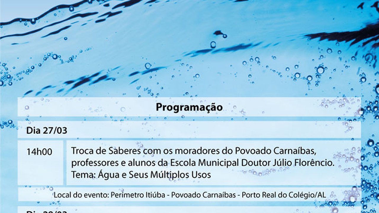 Água será tema de atividades de educação ambiental em perímetros da Codevasf em Alagoas
