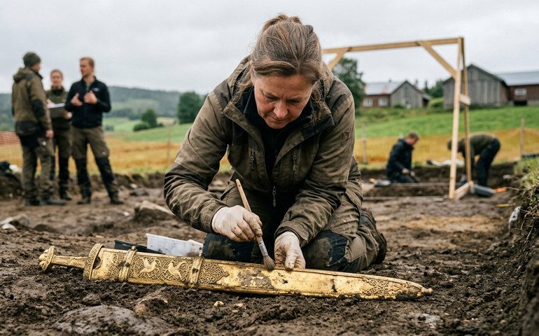 Descoberta rara: bainha de espada dourada de 1.500 anos é encontrada na Noruega