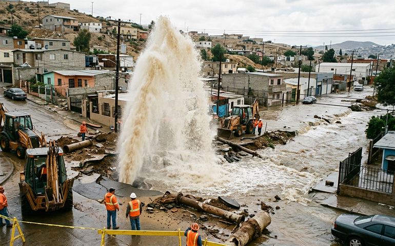 Rompimento de tubulação provoca grande vazamento de água em Tijuana, no México