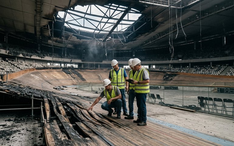Técnicos e engenheiros avaliam danos após incêndio no Velódromo Olímpico