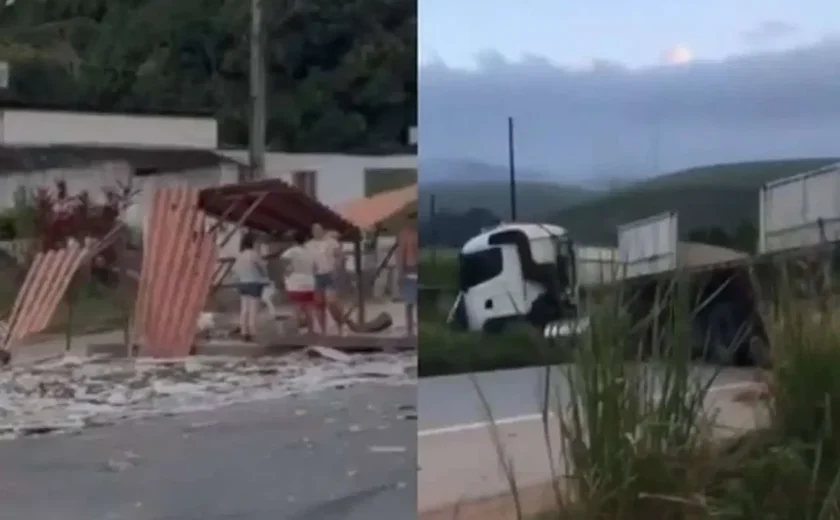 Carreta desgovernada destrói ponto de ônibus e deixa dois feridos graves na BR-101