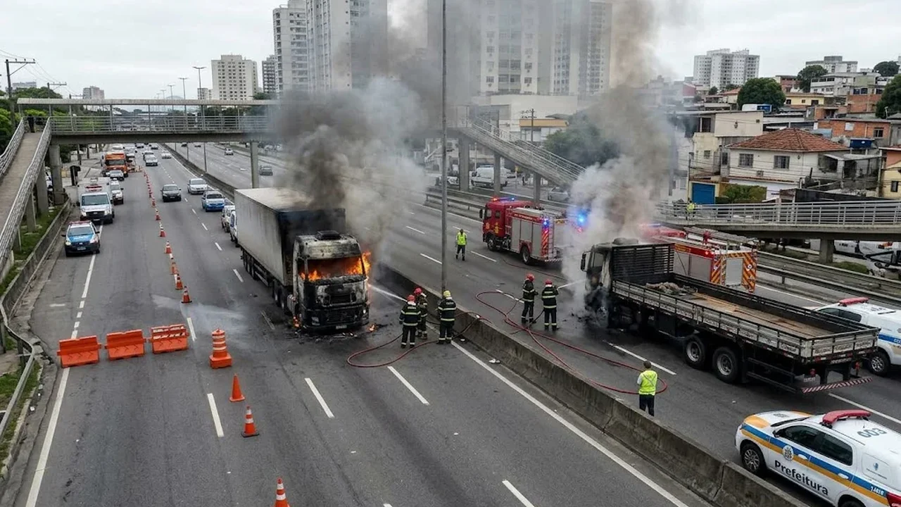 Caminhões pegam fogo na Avenida Brasil nos sentidos Centro e Zona Oeste
