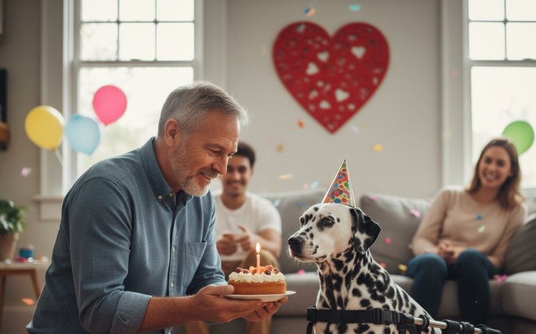Tutor celebra 12 anos de dálmata paraplégico com festa de aniversário