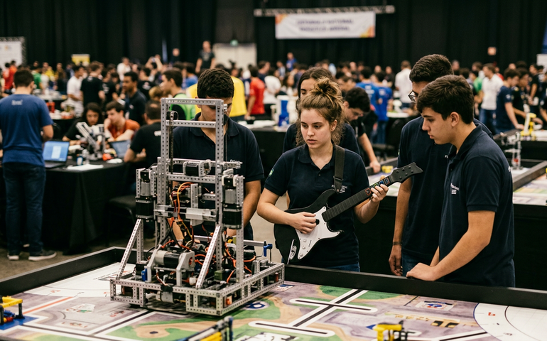 Alunos do Sesi criam máquina controlada a partir de guitarra gamer para torneio nacional de robótica