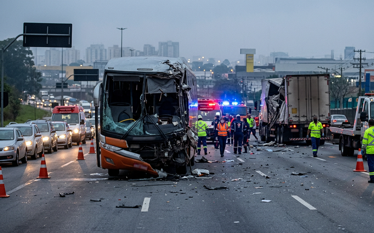 Acidente entre ônibus e carreta deixa um morto na Fernão Dias, em Guarulhos