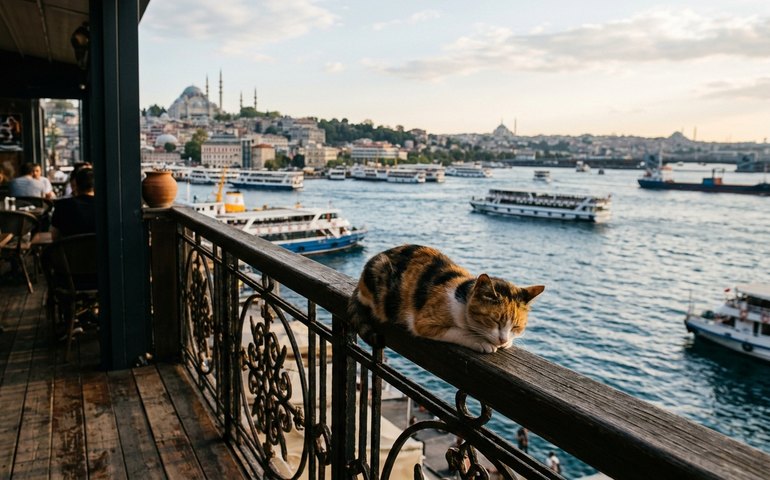 Gato aproveita cochilo relaxante com vista para o Bósforo em Istambul
