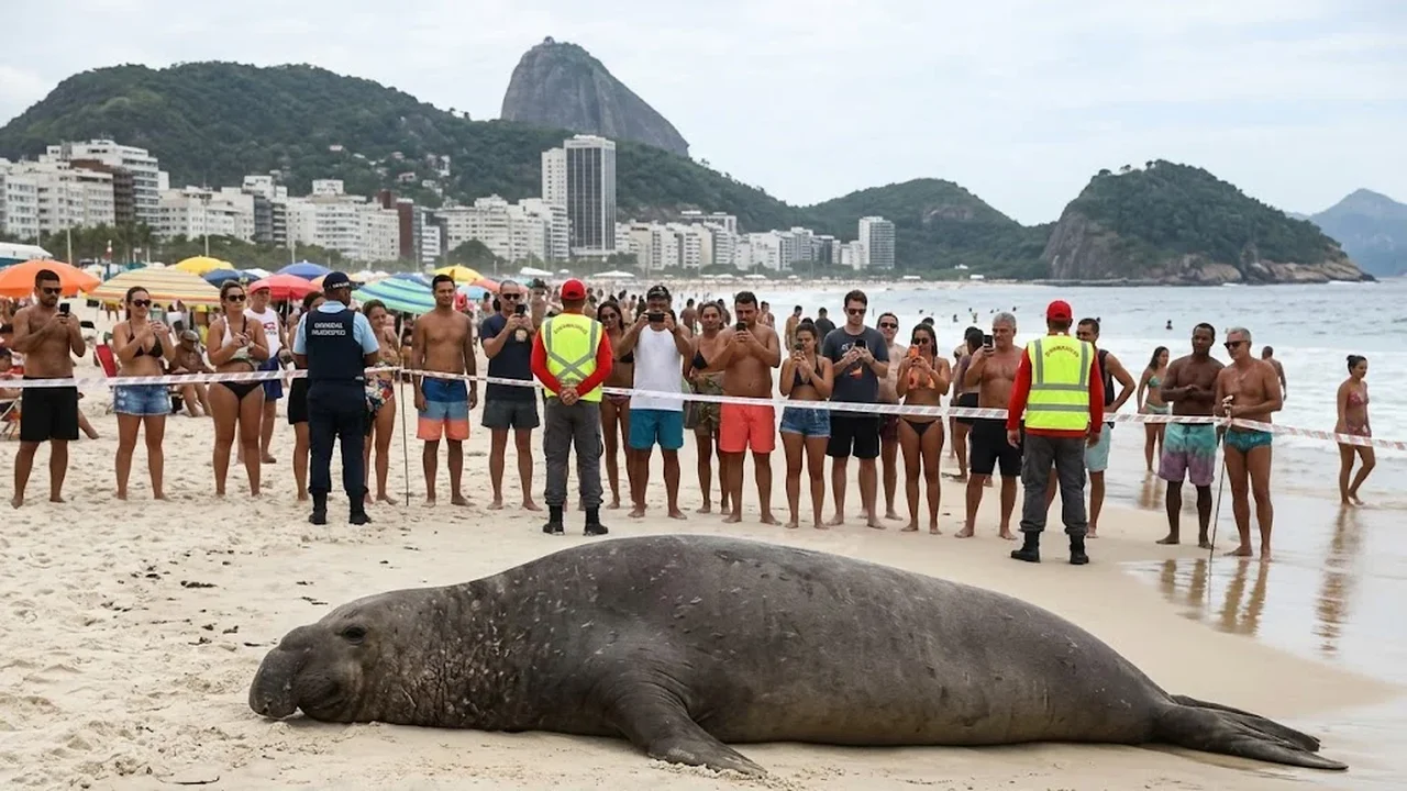 Elefante-marinho, que já passou por Niterói, Recreio e São Conrado, é visto no Posto 3, em Copacabana, tirando soneca na areia