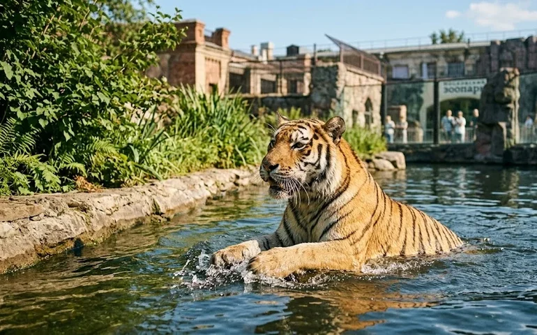 Tigre-de-amur se refresca em banho no Zoológico de Moscou