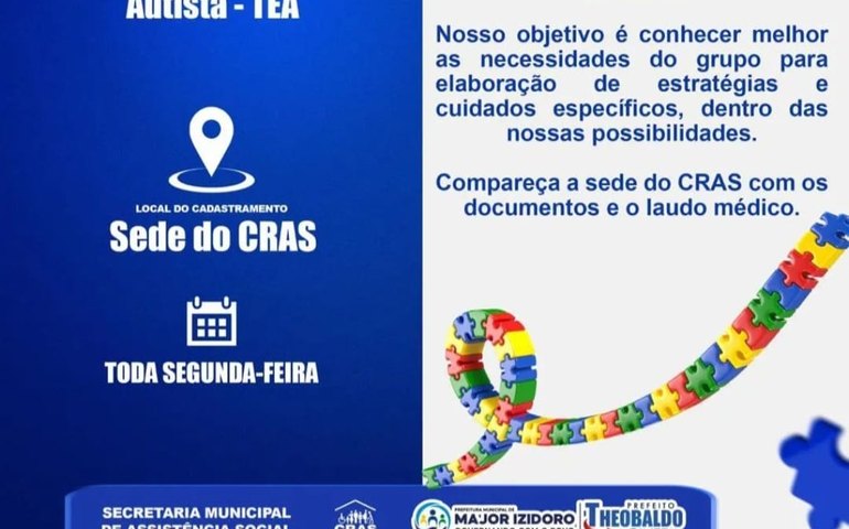 Cras de Major Izidoro cadastra pessoas com Transtorno do Espectro Autista