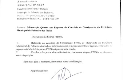 Caixa nega débito da Prefeitura de Palmeira sobre repasses de consignados
