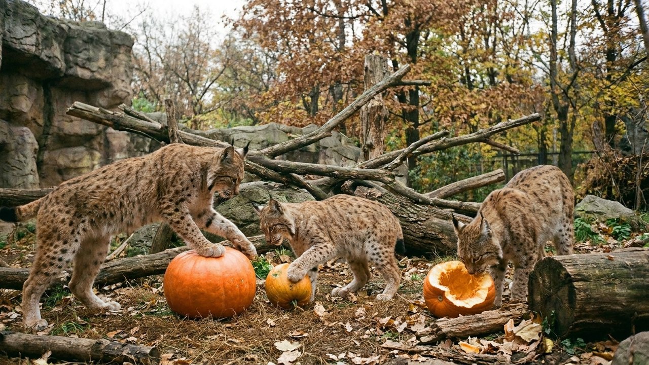 Linces entram no clima do outono no Zoológico de Moscou