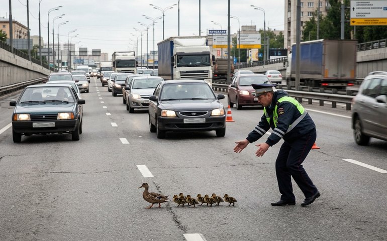 Guardas auxiliam família de patos a atravessar rodovia movimentada na Rússia