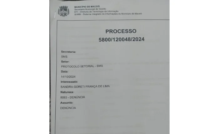 Protocolo da queixa apresentada à SMS