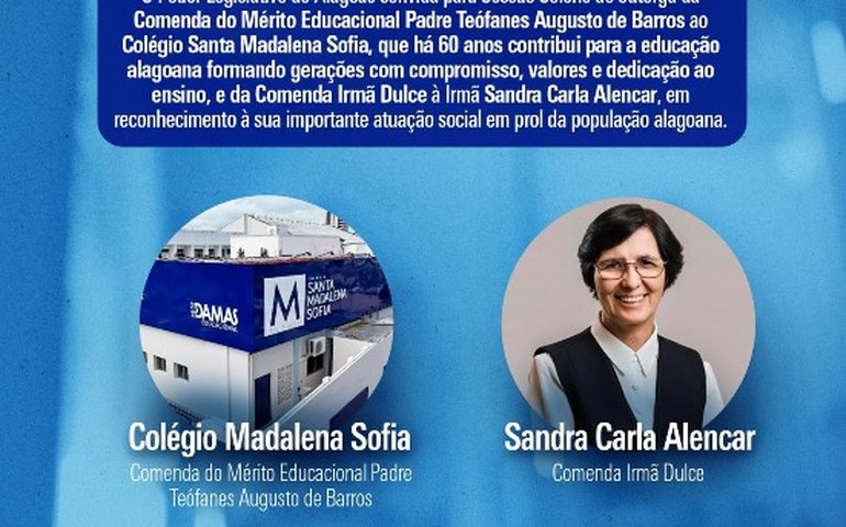 Assembleia homenageia Colégio Madalena Sofia e irmã Sandra Alencar em sessão solene