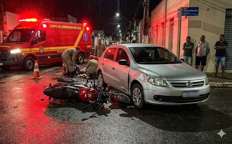 Jovem de 21 anos fica ferido após colisão entre carro e moto na Rua João Aureliano, em Arapiraca