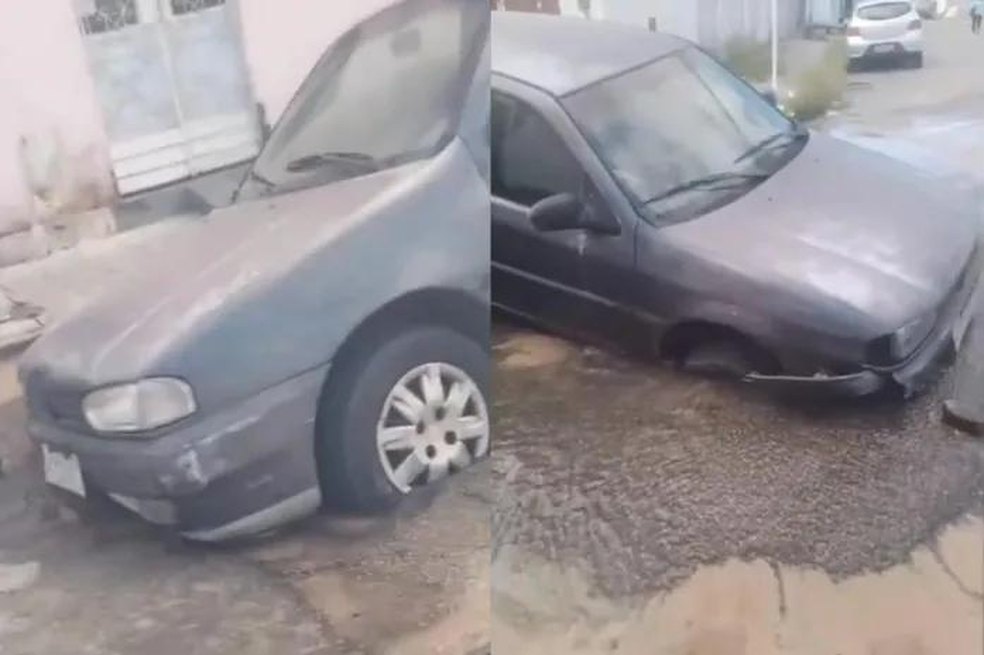 Moradores registram momento em que carro é parcialmente engolido pelo asfalto em Maceió após problema na tubulação