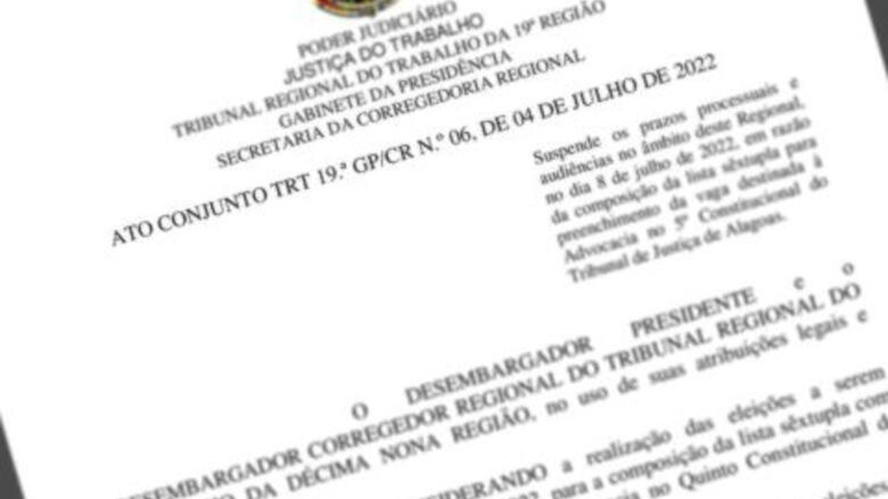 Suspensão de prazos processuais e audiências no âmbito do TRT-19 nesta sexta-feira (8/7)